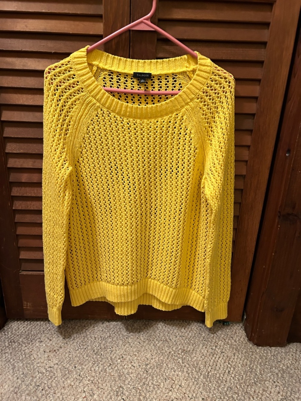 Talbots Bright Yellow Open-Knit Crew Sweater 100% Cotten